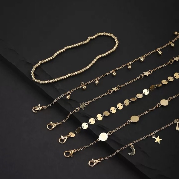 New set of 6 Gold Plated Anklets Moon Stars - Picture 1 of 16
